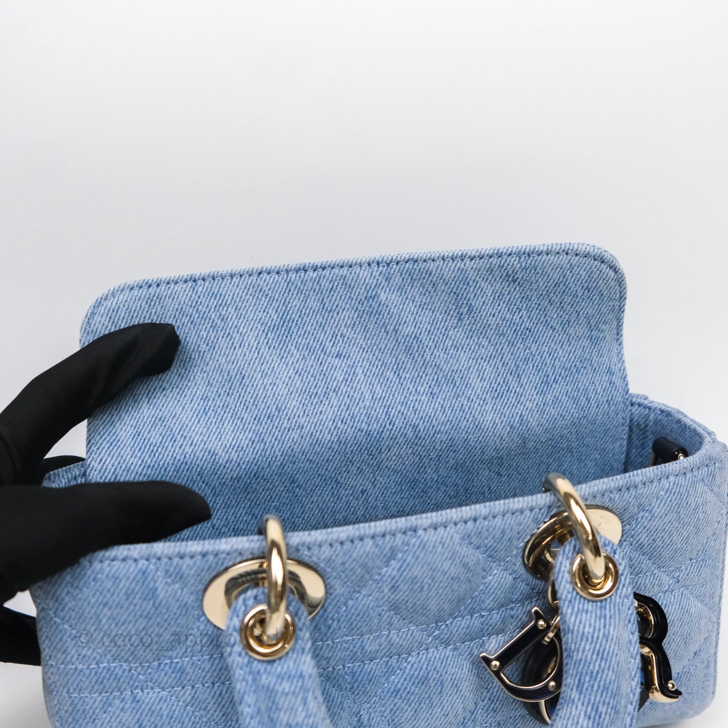 Christian Dior Small Lady D-Joy Bag Washed Blue Denim Cannage Gold Hardware