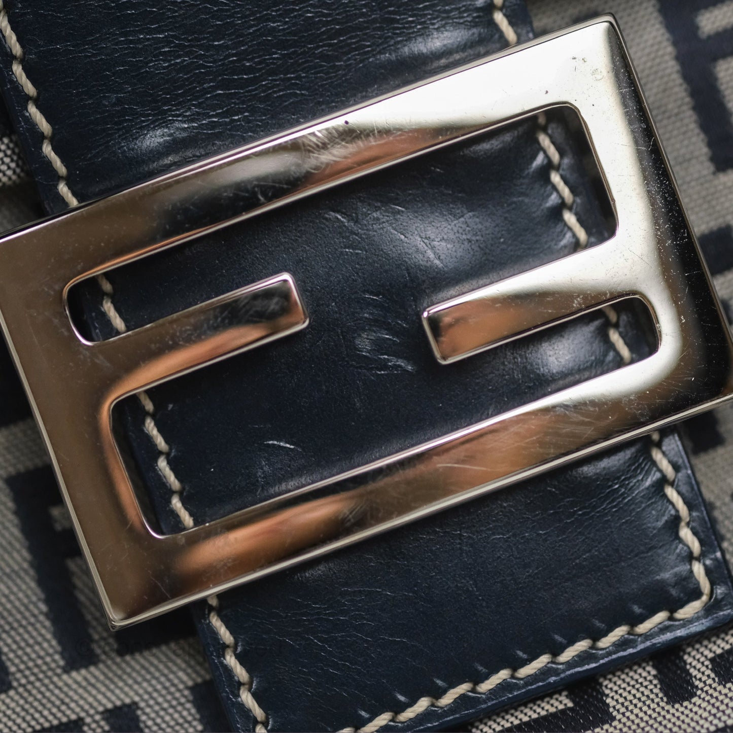 Fendi Vintage Baguette Shoulder Bag Grey/ Navy Canvas