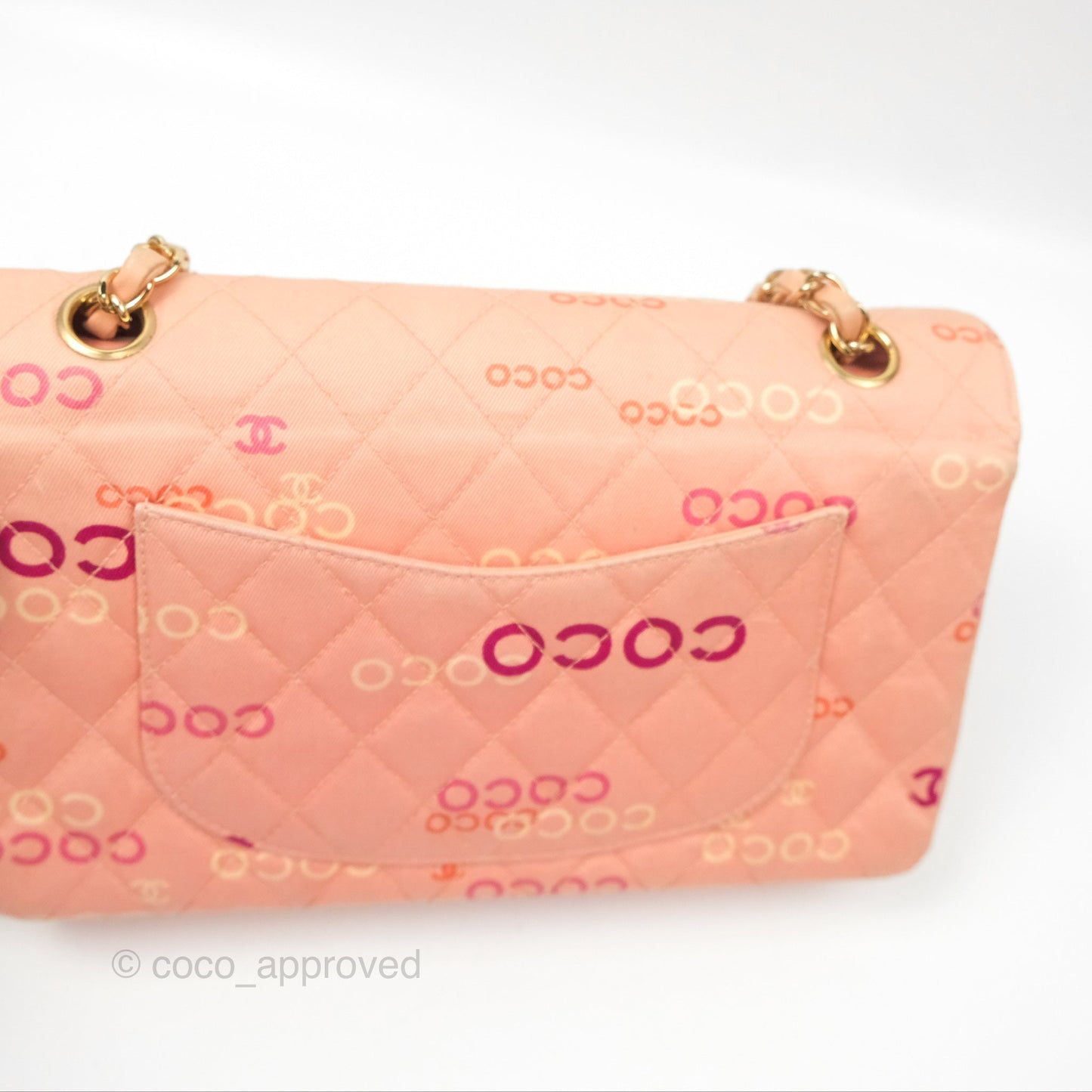Chanel Coco Logo Medium Classic Flap Quilted Coral Pink Canvas Gold Hardware