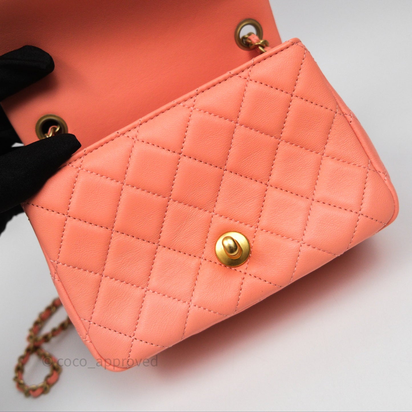 Chanel Pearl Crush Mini Square Quilted Peachy Pink Lambskin Aged Gold Hardware