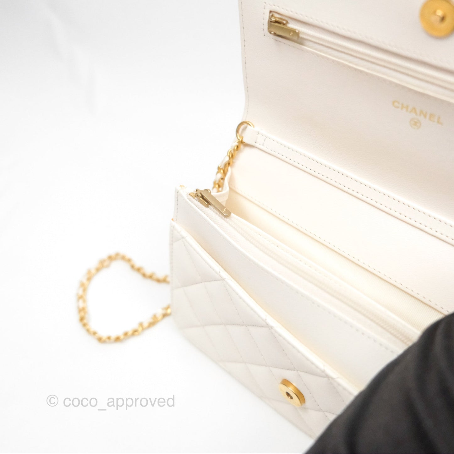 Chanel Quilted Wallet on Chain WOC Coco Heart Chain White Lambskin Aged Gold Hardware 22K
