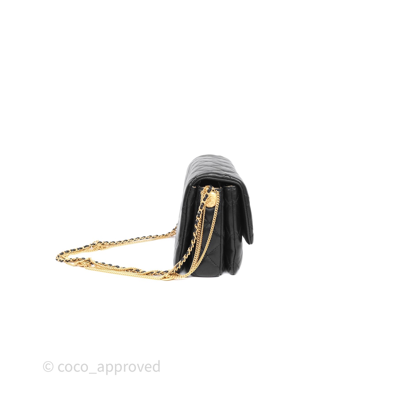 Chanel Quilted Accordion Flap Bag with Button on Chain Black Lambskin Aged Gold Hardware 22A