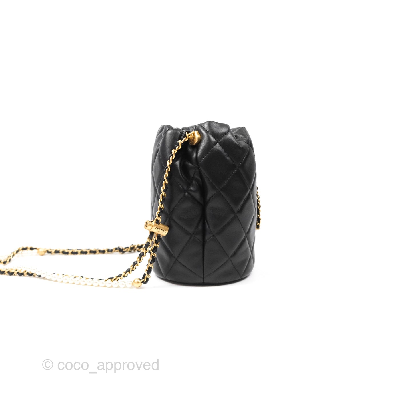 Chanel Quilted My Perfect with Pearl Drawstring Bucket Bag Black Lambskin Aged Gold Hardware