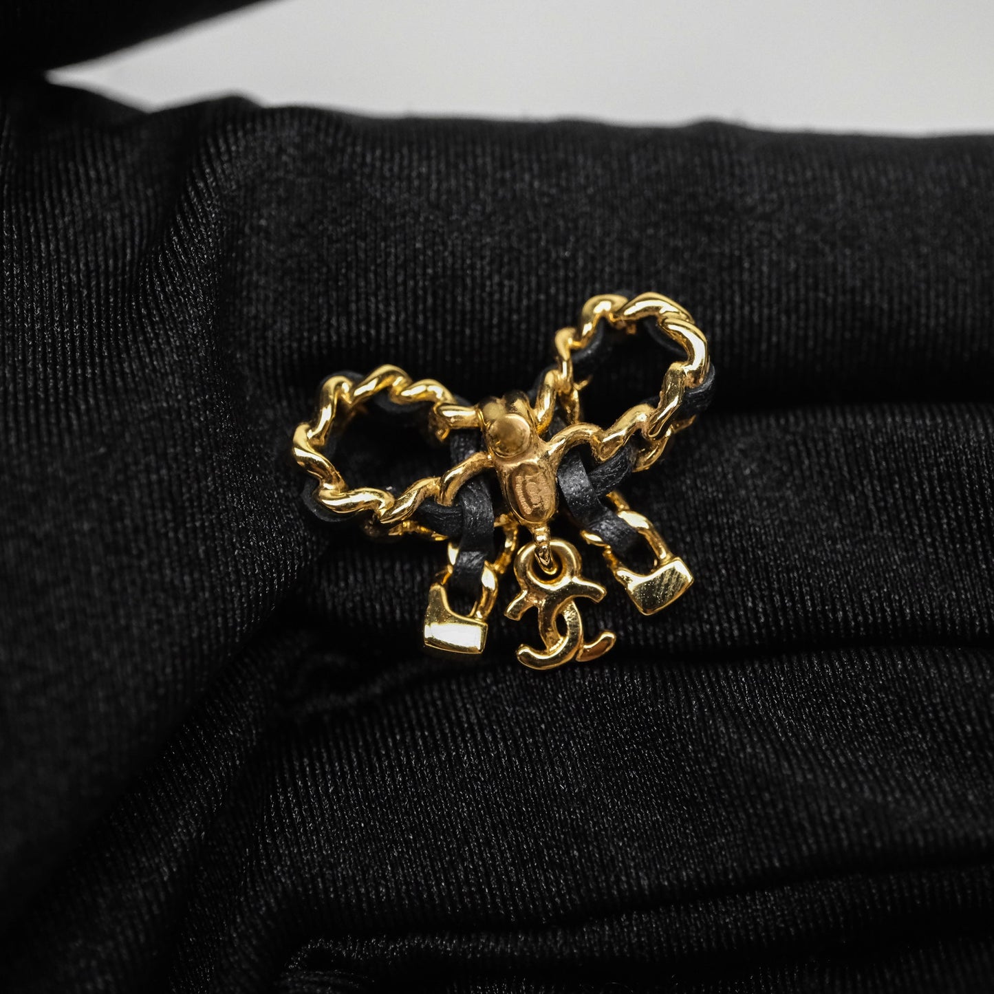 Chanel Lambskin Chain Bow Earrings Black Gold 25V