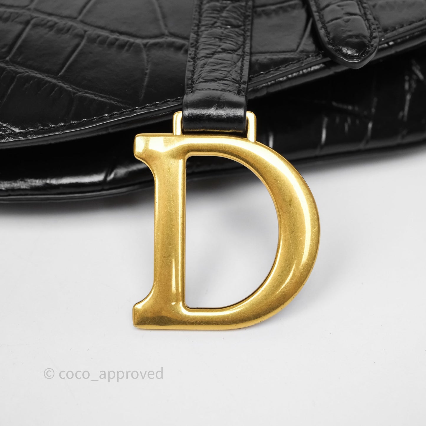 Christian Dior Saddle Bag Black Shiny Crocodile Gold Hardware