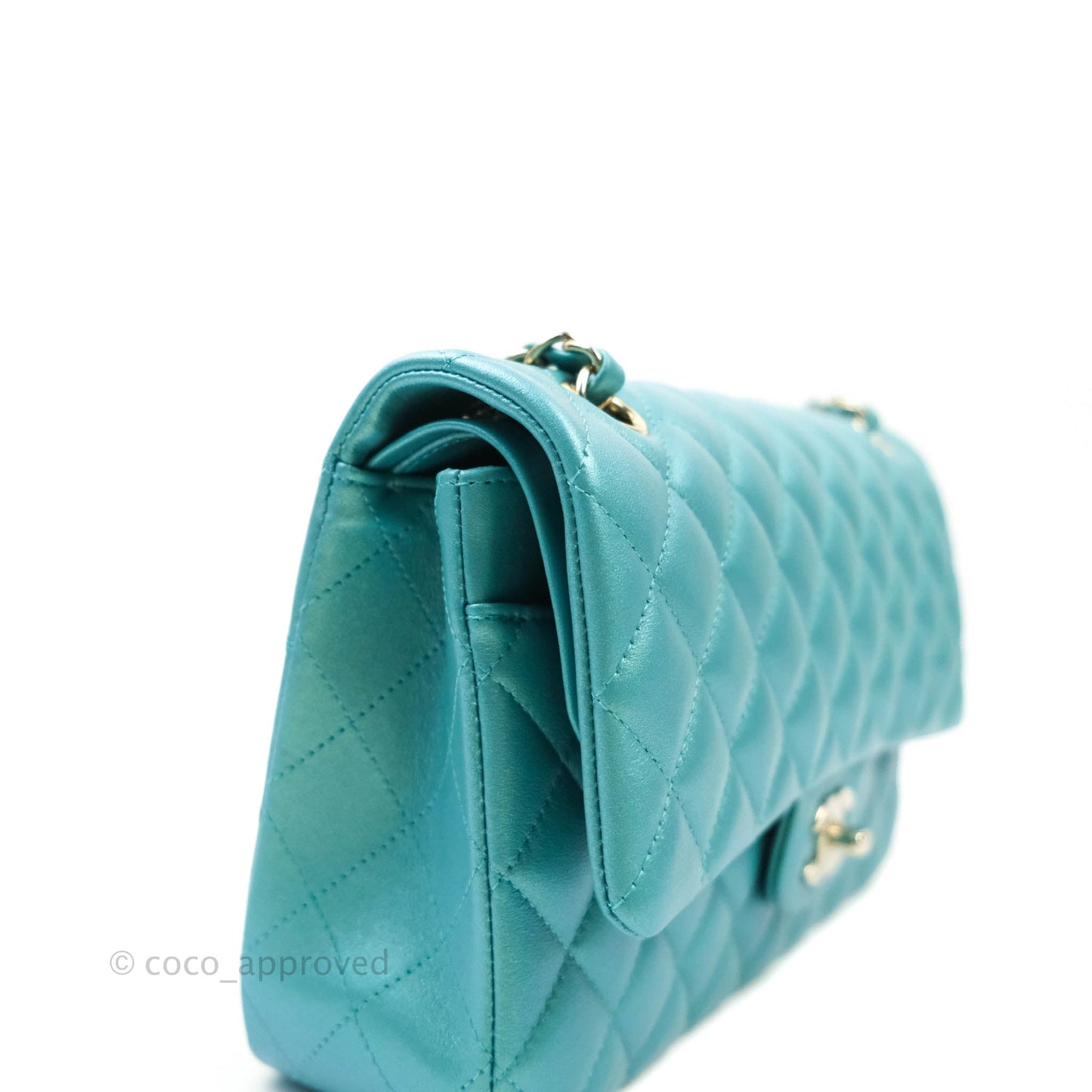 Chanel Classic M/L Medium Double Flap Iridescent Turquoise Calfskin Gold Hardware