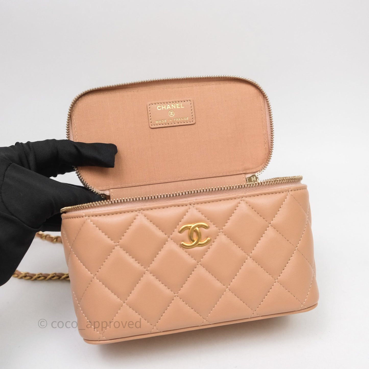 Chanel Vanity Rectangular Top Handle Beige Lambskin Aged Gold Hardware