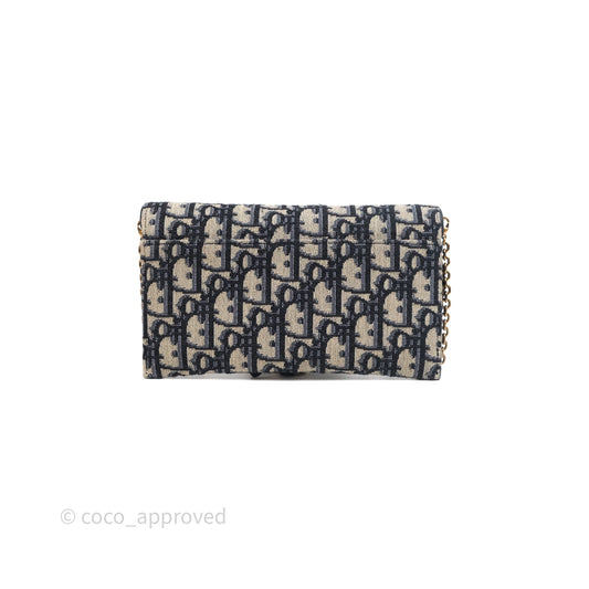 Small Saddle Pouch Wallet with Chain Blue Dior Oblique Jacquard