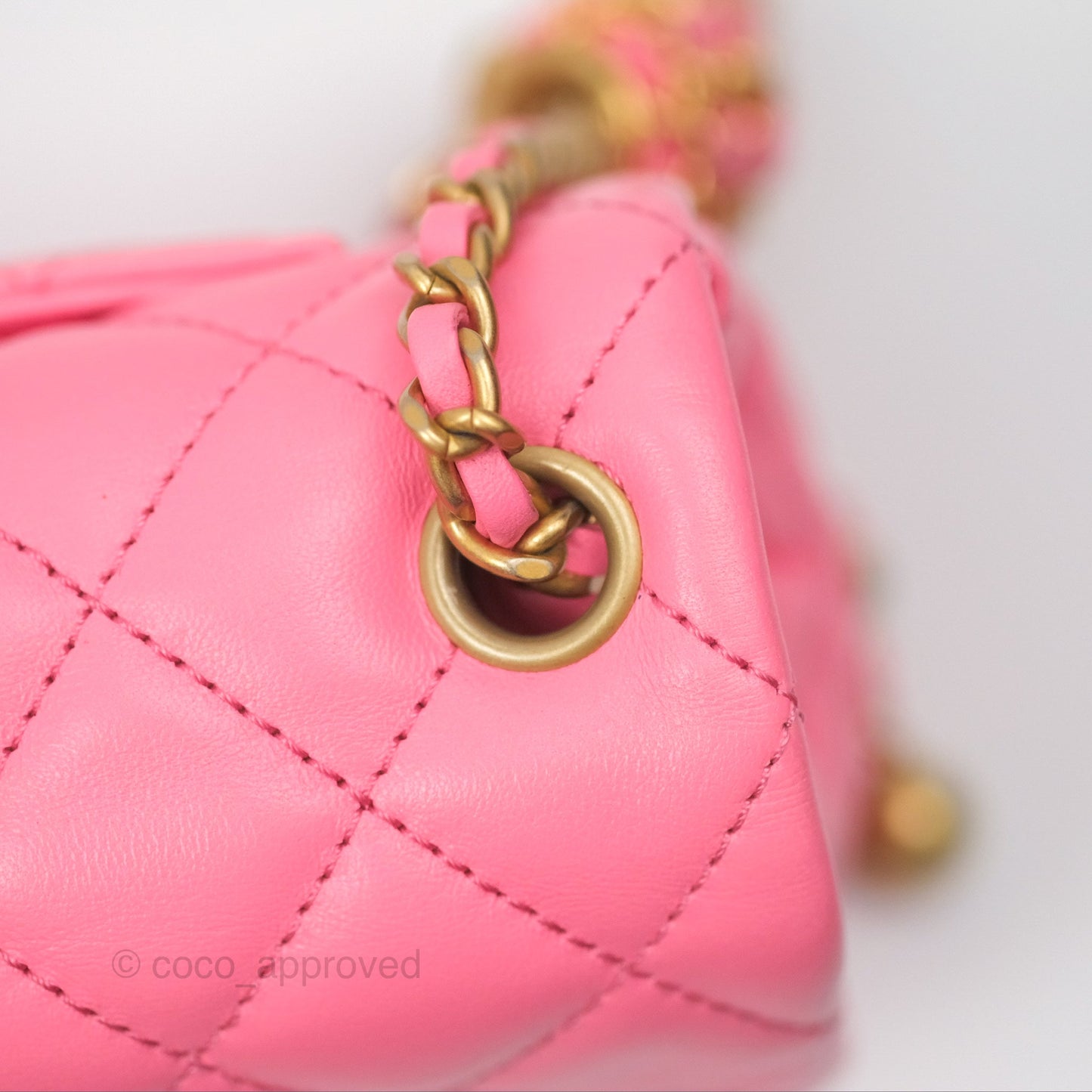 Chanel Mini Rectangular Pearl Crush Quilted Pink Lambskin Aged Gold Hardware