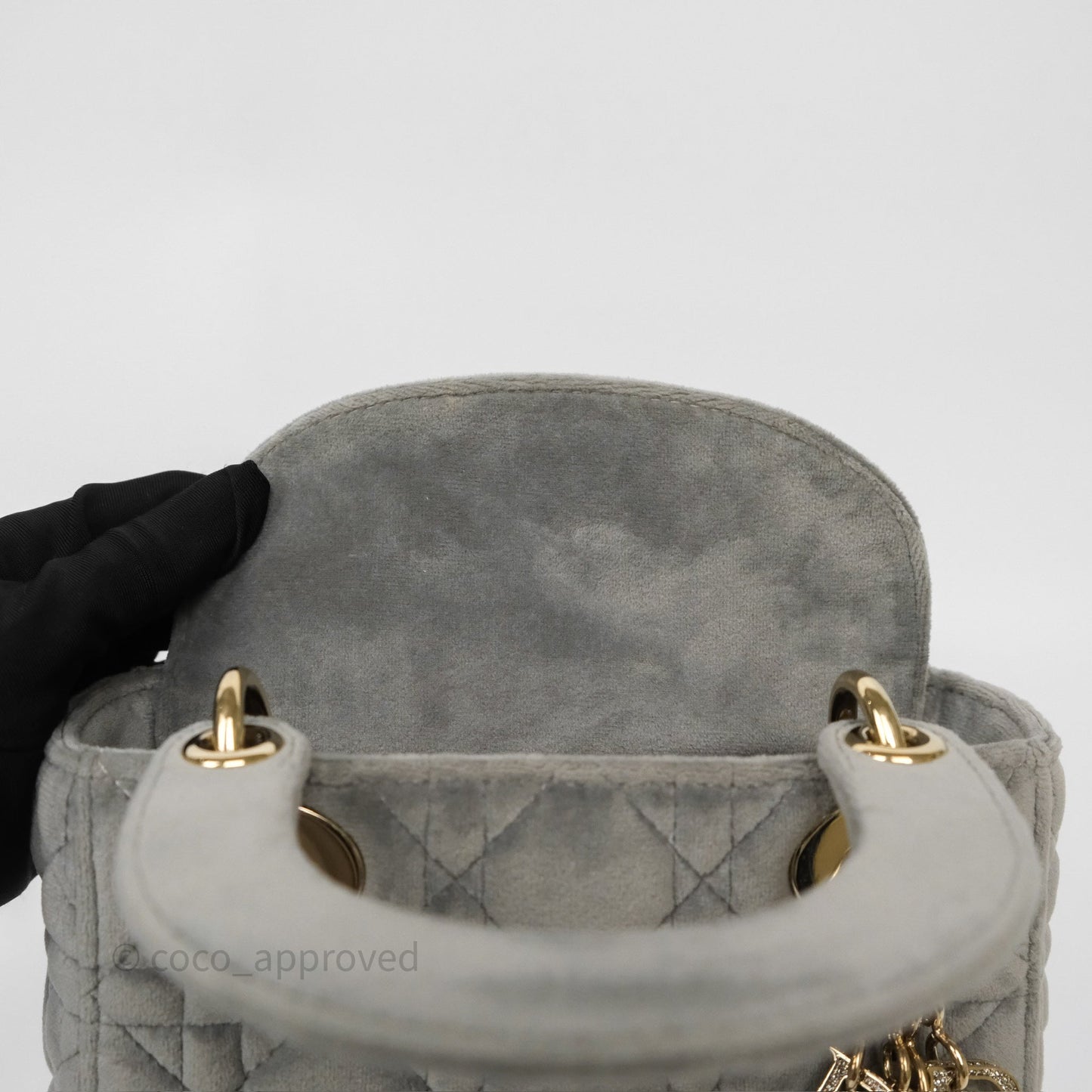 Dior Mini Lady Dior Grey Velvet Cannage Crystal Charms Gold Hardware