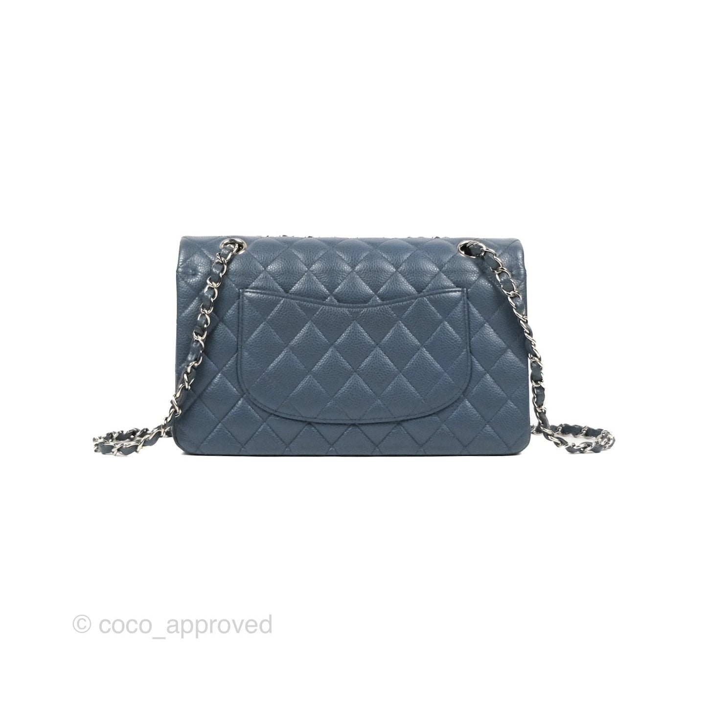 Chanel Classic Double Flap Quilted M/L Blue Caviar Silver Hardware
