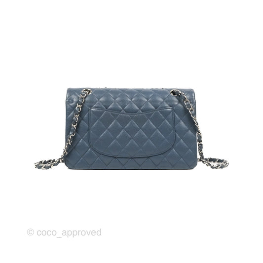 Chanel Classic Double Flap Quilted M/L Blue Caviar Silver Hardware