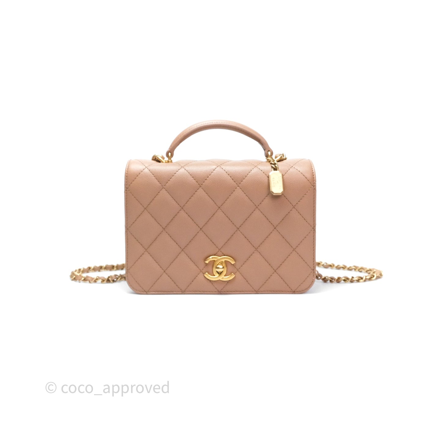 Chanel Quilted Accordion Flap Bag with Handle Beige Caviar Aged Gold Hardware 23B
