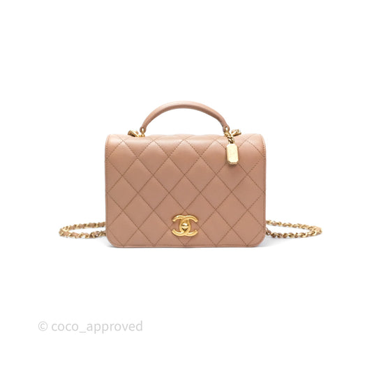 Chanel Quilted Accordion Flap Bag with Handle Beige Caviar Aged Gold Hardware 23B