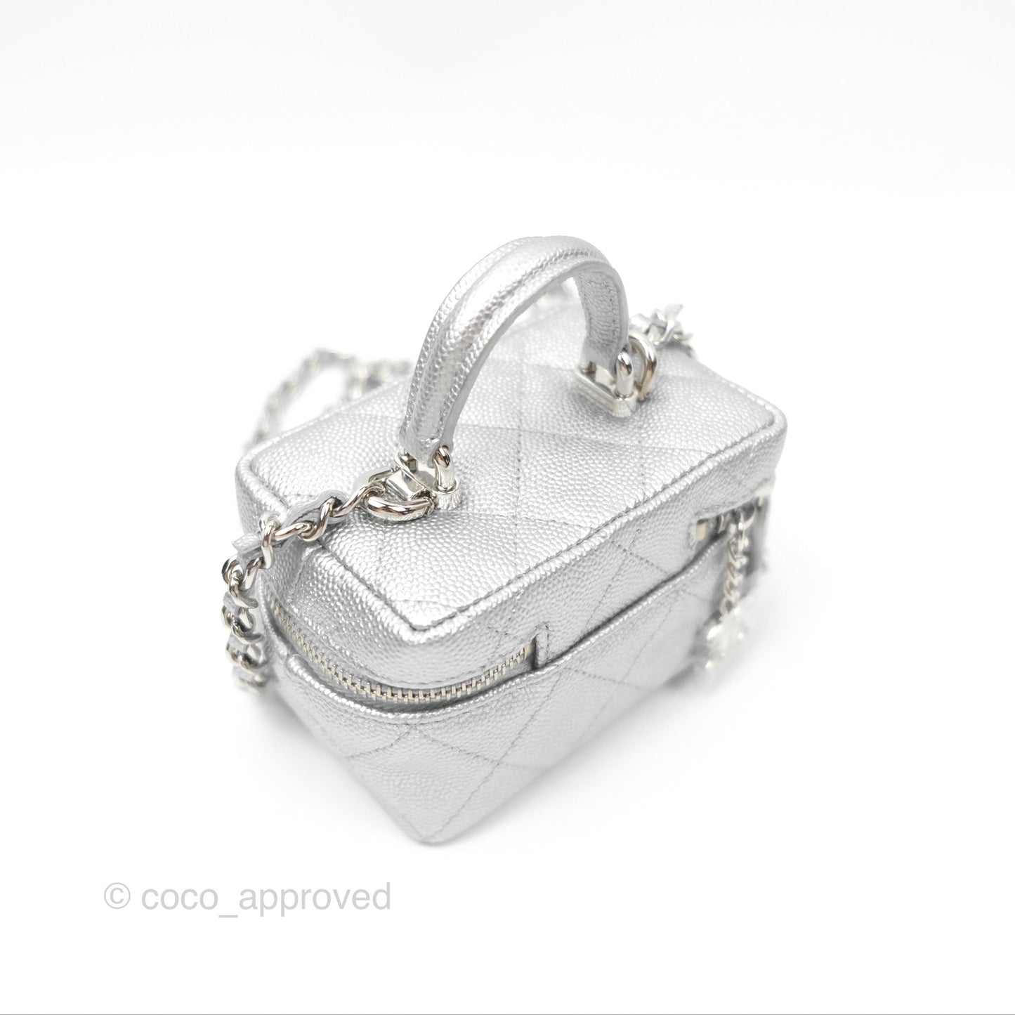 Chanel Quilted Mini Top Handle Vanity With Chain Metallic Silver Caviar Silver Hardware