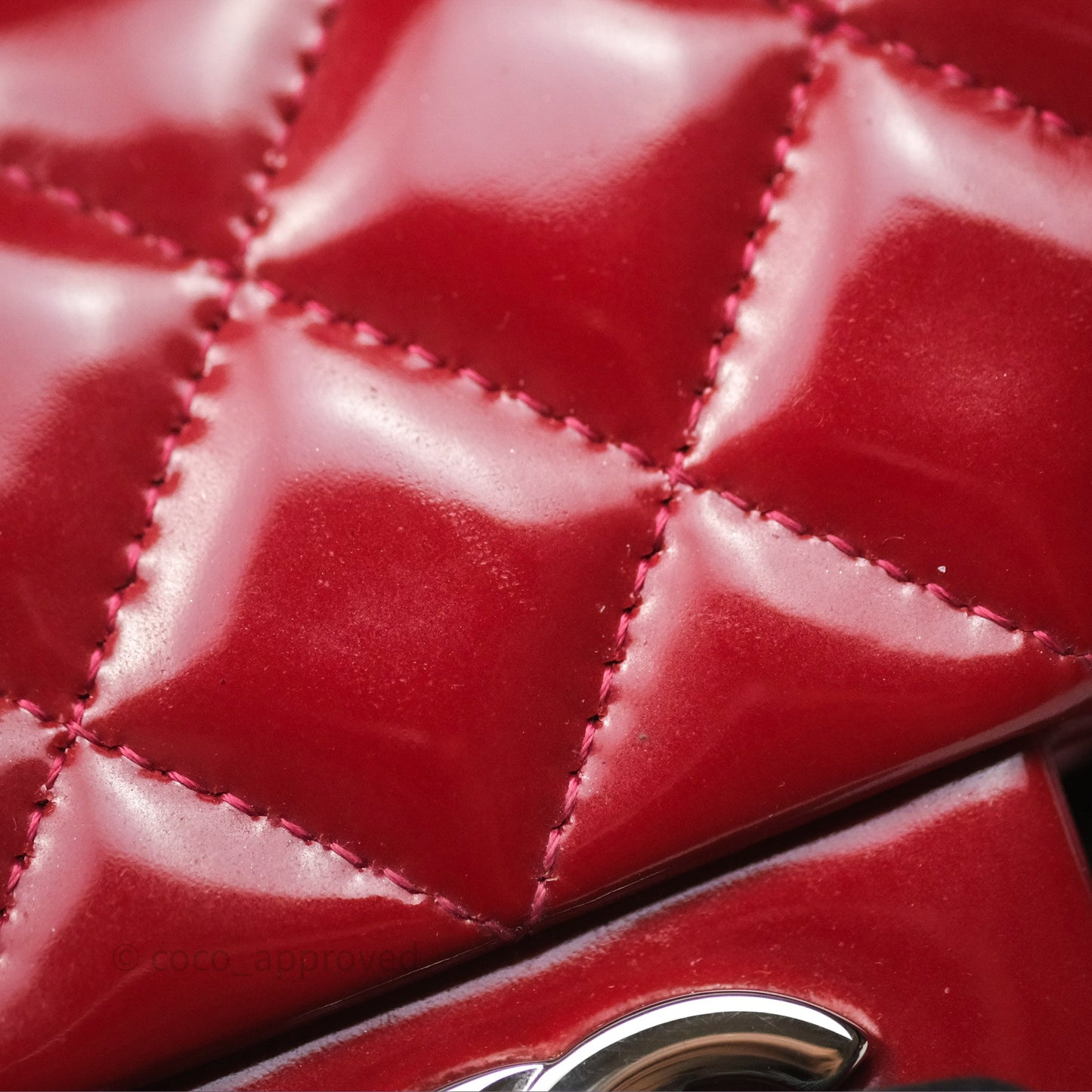 Chanel Quilted Mini Rectangular Flap Red Patent Silver Hardware