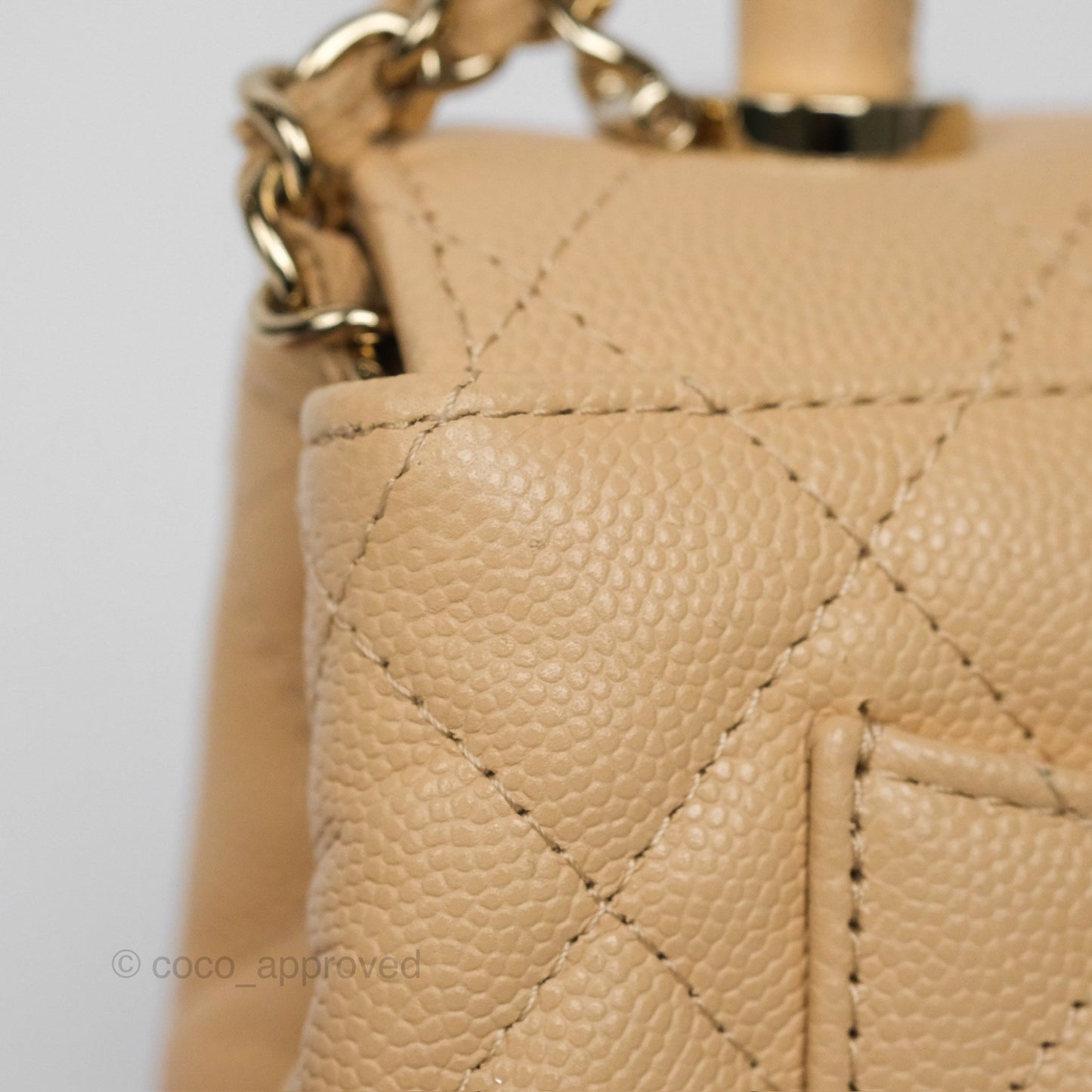 Chanel Coco Handle Clutch with Chain Quilted Beige Caviar Gold Hardware