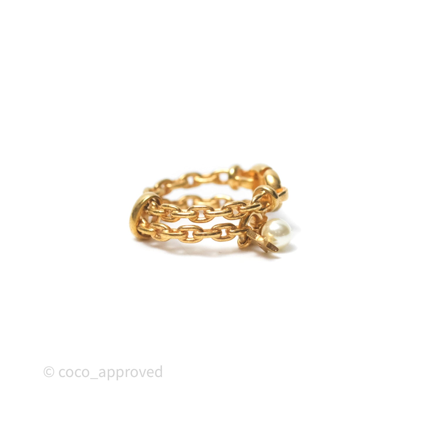 Christian Dior CD Double Chain Star Pearl Ring Gold Tone