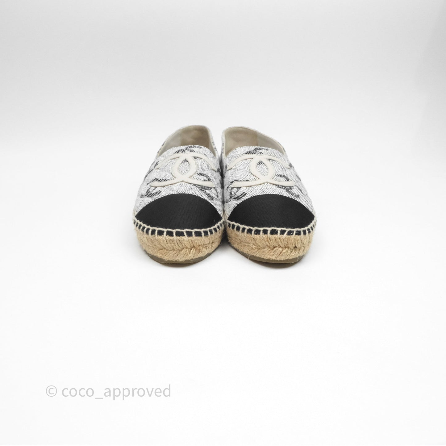 Chanel CC Espadrilles in Grey Cotton Jacquard Black Grosgrain 22S Size 38