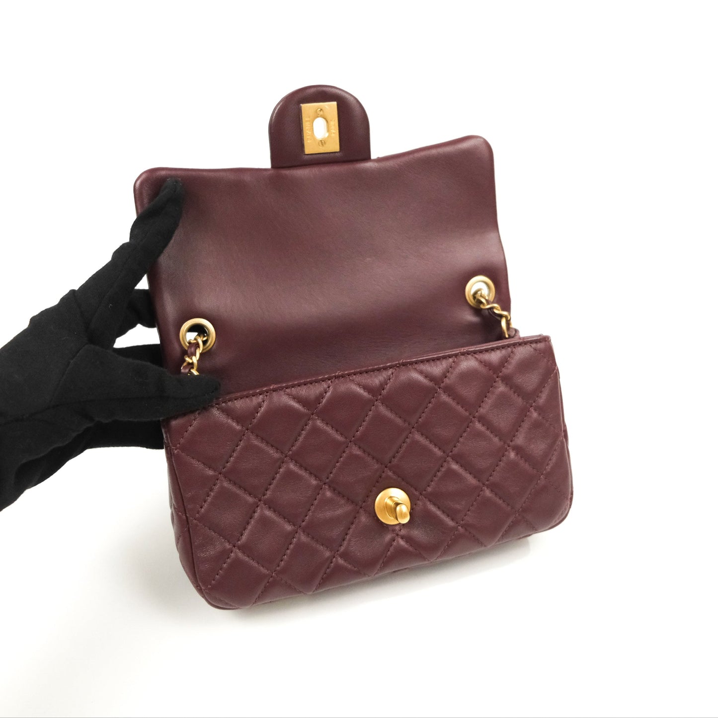 Chanel Mini Rectangular Pearl Crush Burgundy Lambskin Aged Gold Hardware