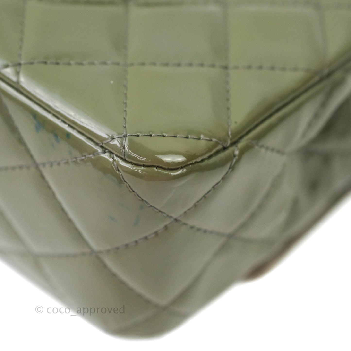 Chanel Classic M/L Medium Double Flap Olive Green Patent Silver Hardware