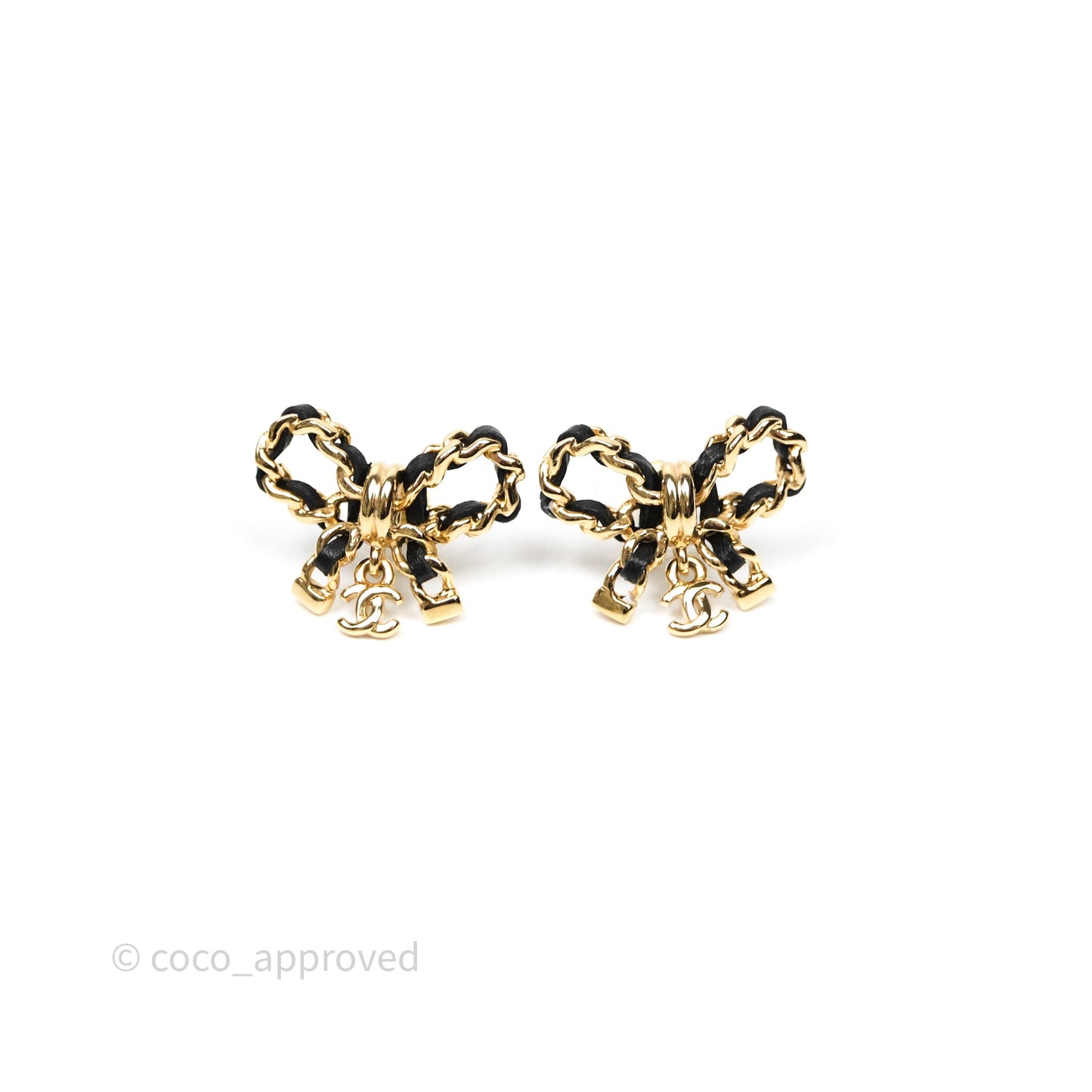 Chanel Lambskin Chain Bow Stud Earrings Black Gold Tone 24V