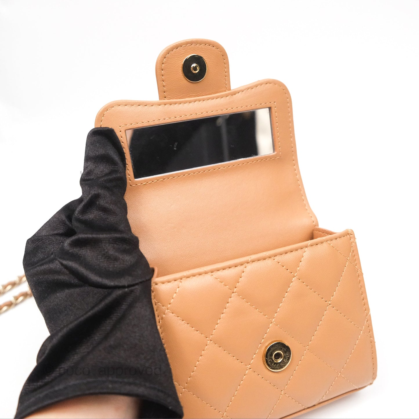 Chanel Mini Handle Clutch With Chain Caramel Lambskin Gold Hardware
