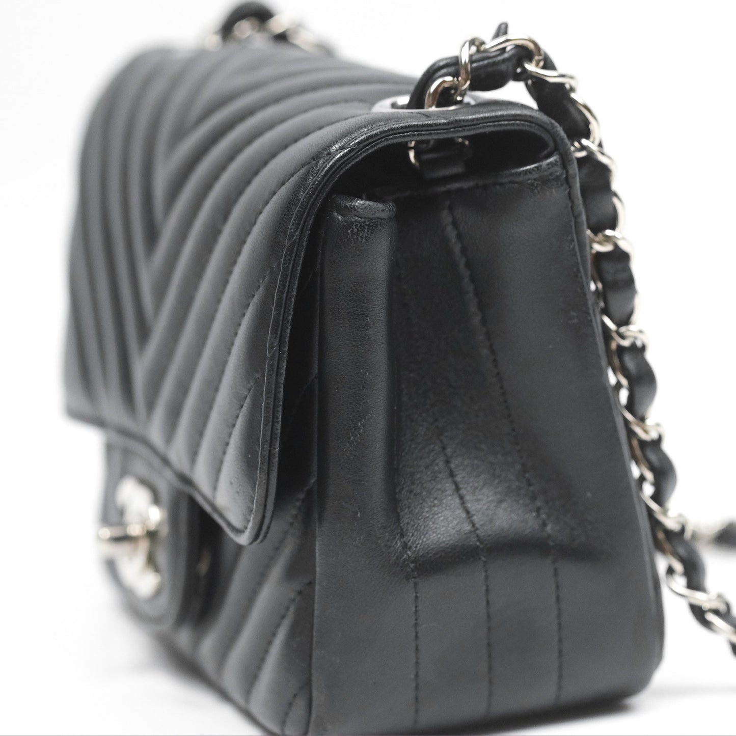 Chanel Mini Square Black Chevron Lambskin Silver Hardware