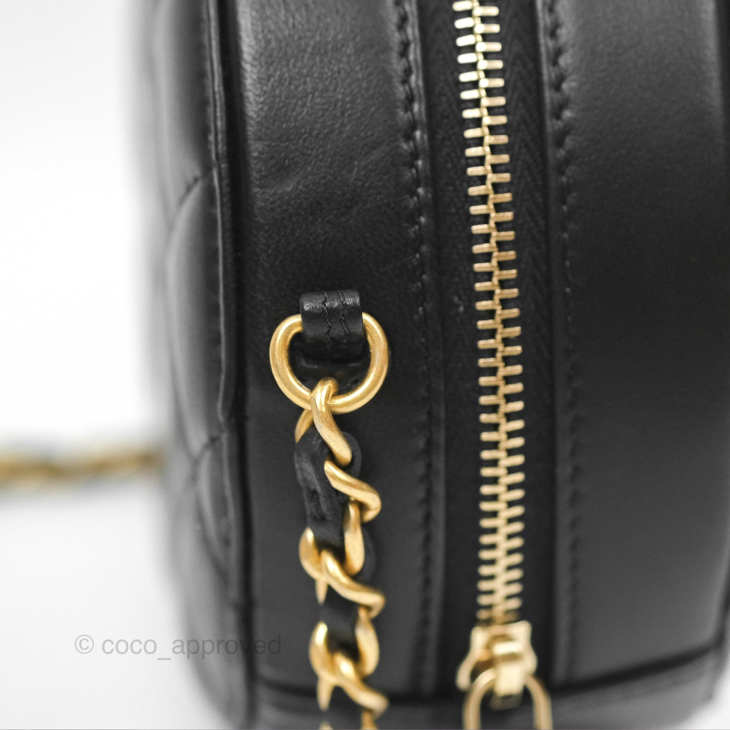 Chanel Quilted Round Pearl Crush Clutch With Chain Black Lambskin Aged Gold Hardware