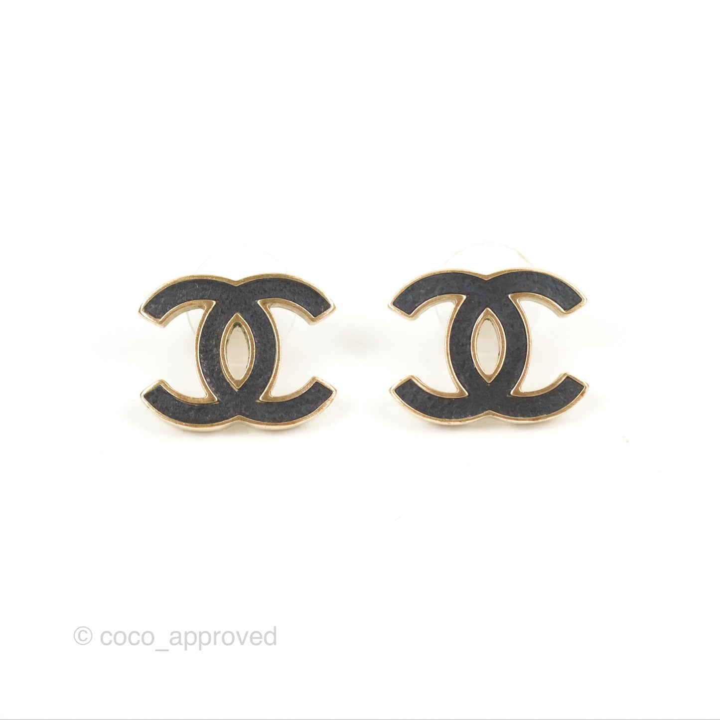 Chanel CC Black Leather Earrings Matte Gold Tone 12P