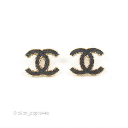 Chanel CC Black Leather Earrings Matte Gold Tone 12P