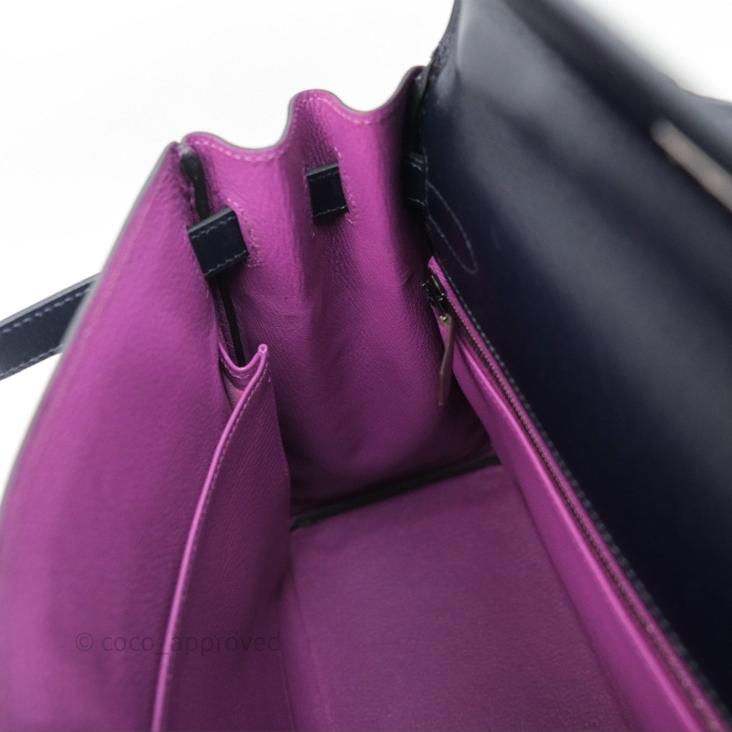 Hermès Vintage Kelly 32 Retourn Navy/Purple Box Leather Palladium Hardware