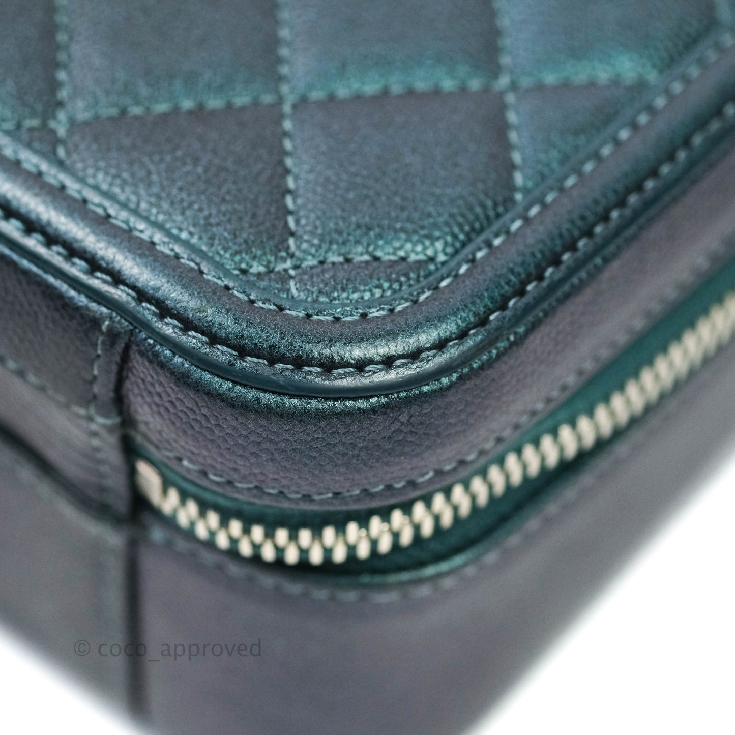 Chanel Quilted Medium CC Filigree Vanity Case Iridescent Dark Turquoise Caviar Rainbow Hardware