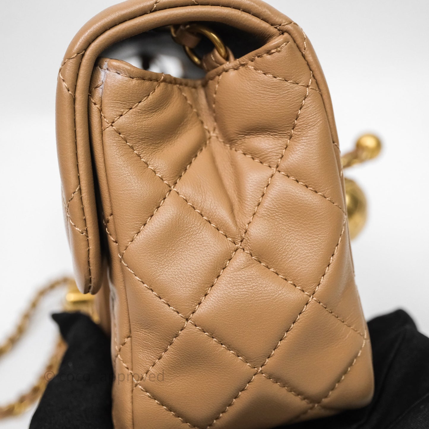 Chanel Pearl Crush Mini Square Quilted Beige Lambskin Aged Gold Hardware