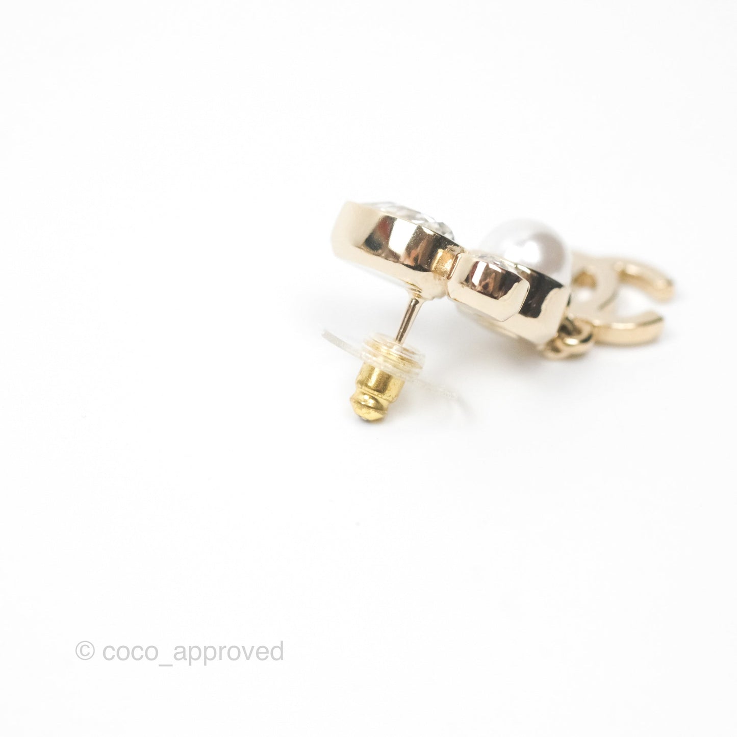 Chanel Rhinestone Pearl CC Drop Earrings Gold Tone 22C