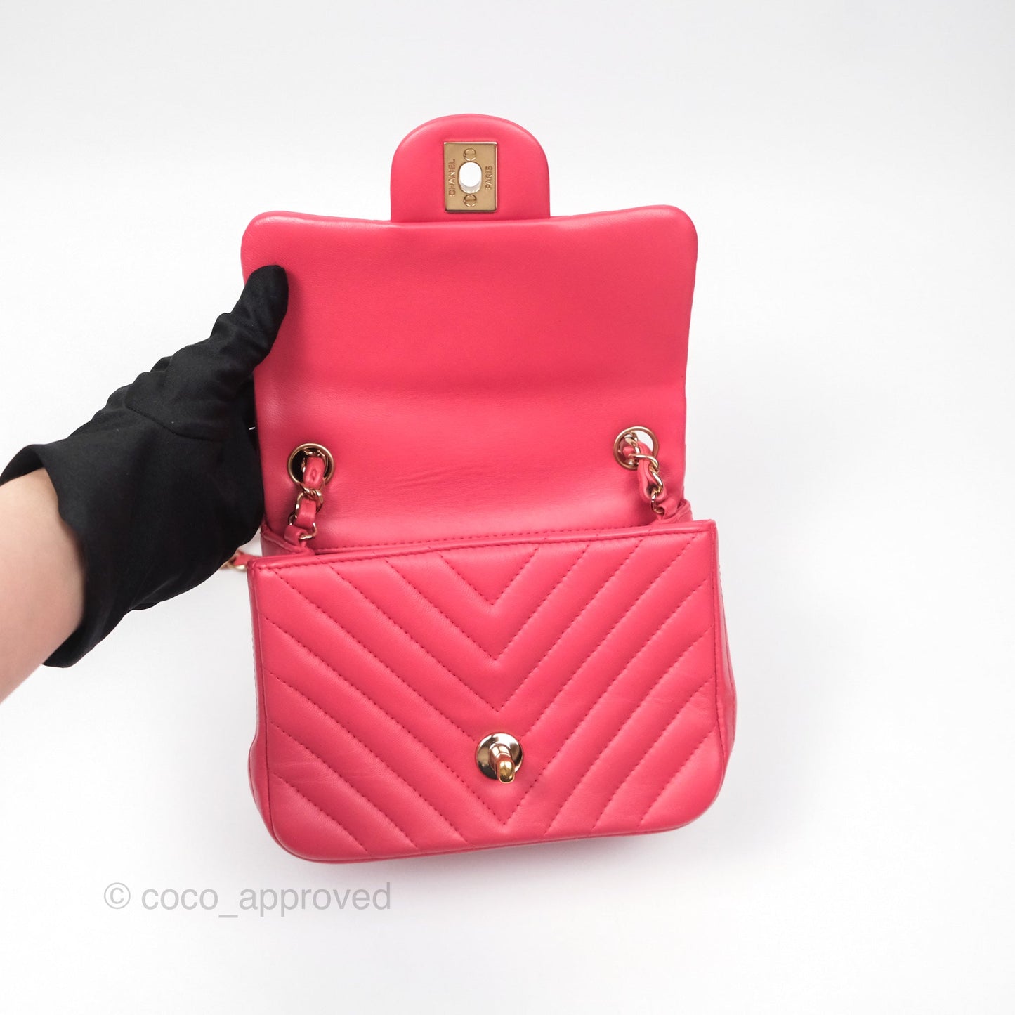 Chanel Mini Square Flap Chevron Dark Pink Lambskin Gold Hardware