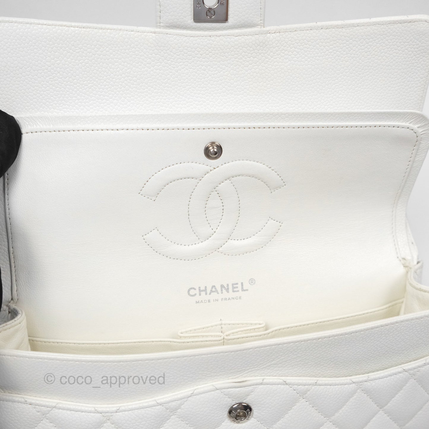 Chanel Classic M/L Medium Flap Quilted White Caviar Silver Hardware