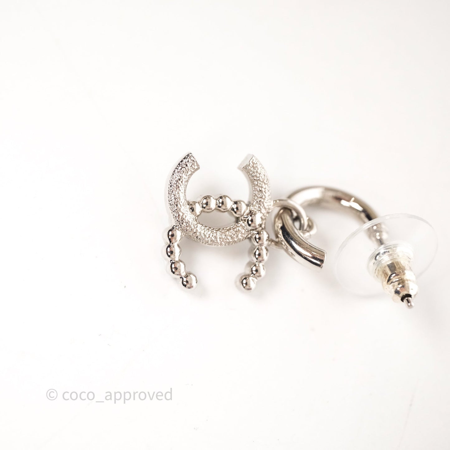 Chanel CC Crystal Pearl Drop Earrings Silver Tone 24S