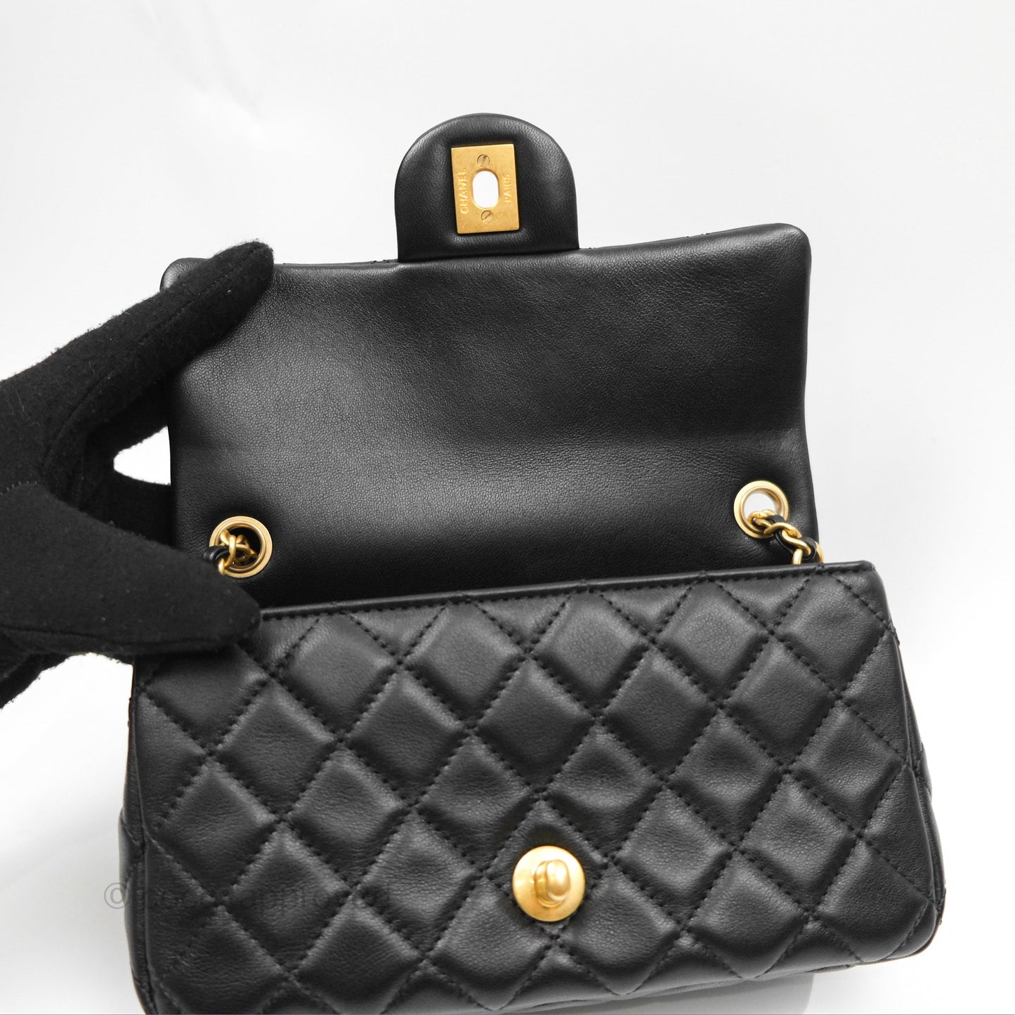 Chanel Pearl Crush Mini Rectangular Quilted Black Lambskin Aged Gold Hardware