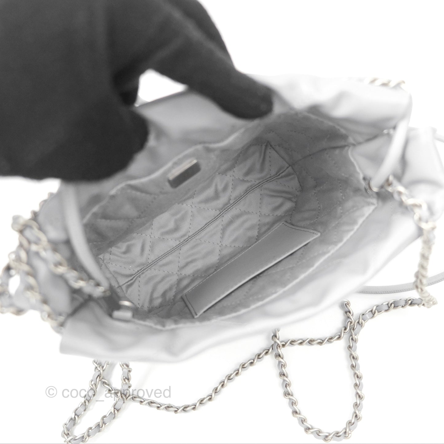 Chanel 22 Mini Bag Light Grey Shiny Crumpled Calfskin Matte Silver Hardware
