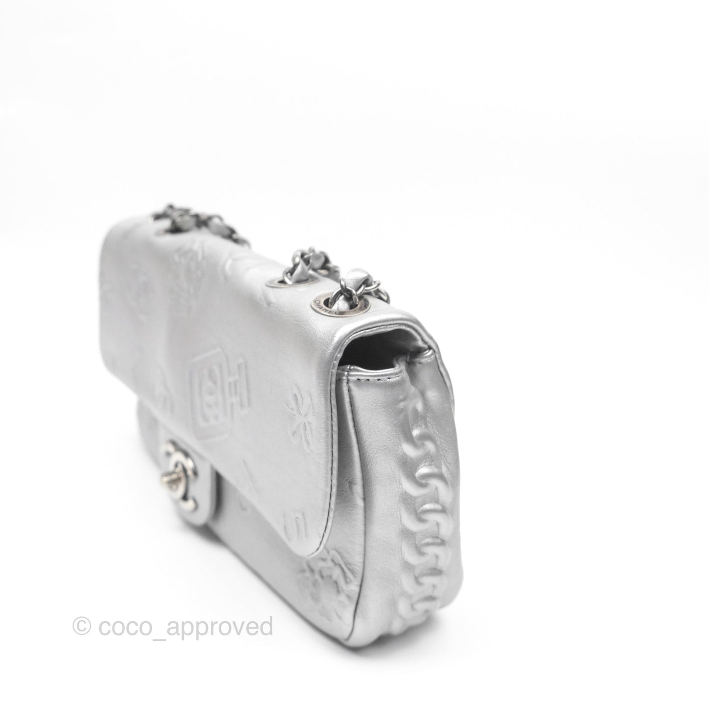 Chanel Medium Single Flap Embossed Metallic Silver Lambskin Ruthenium Hardware
