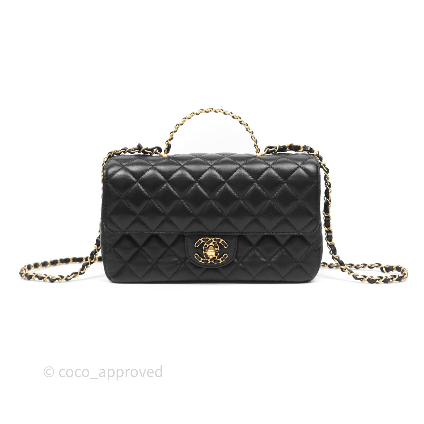 Chanel Logo Top Handle Small Flap Bag Black Lambskin Gold Hardware 24C