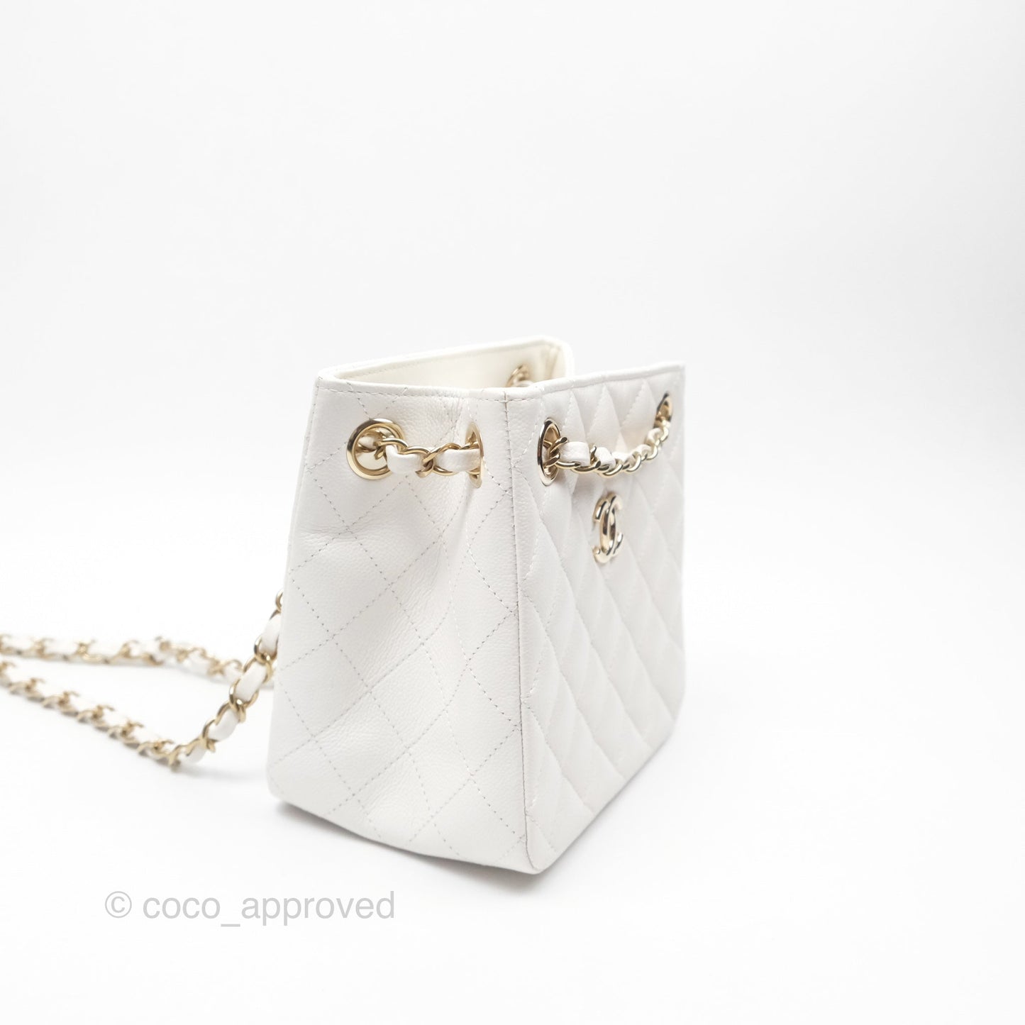 Chanel Mini Bucket Tote White Caviar Gold Hardware 22S