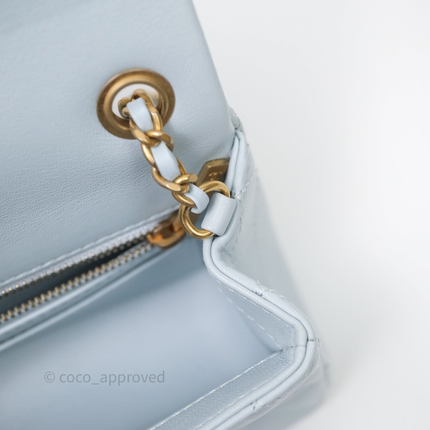Chanel Pearl Crush Mini Rectangular Light Blue Lambskin Aged Gold Hardware