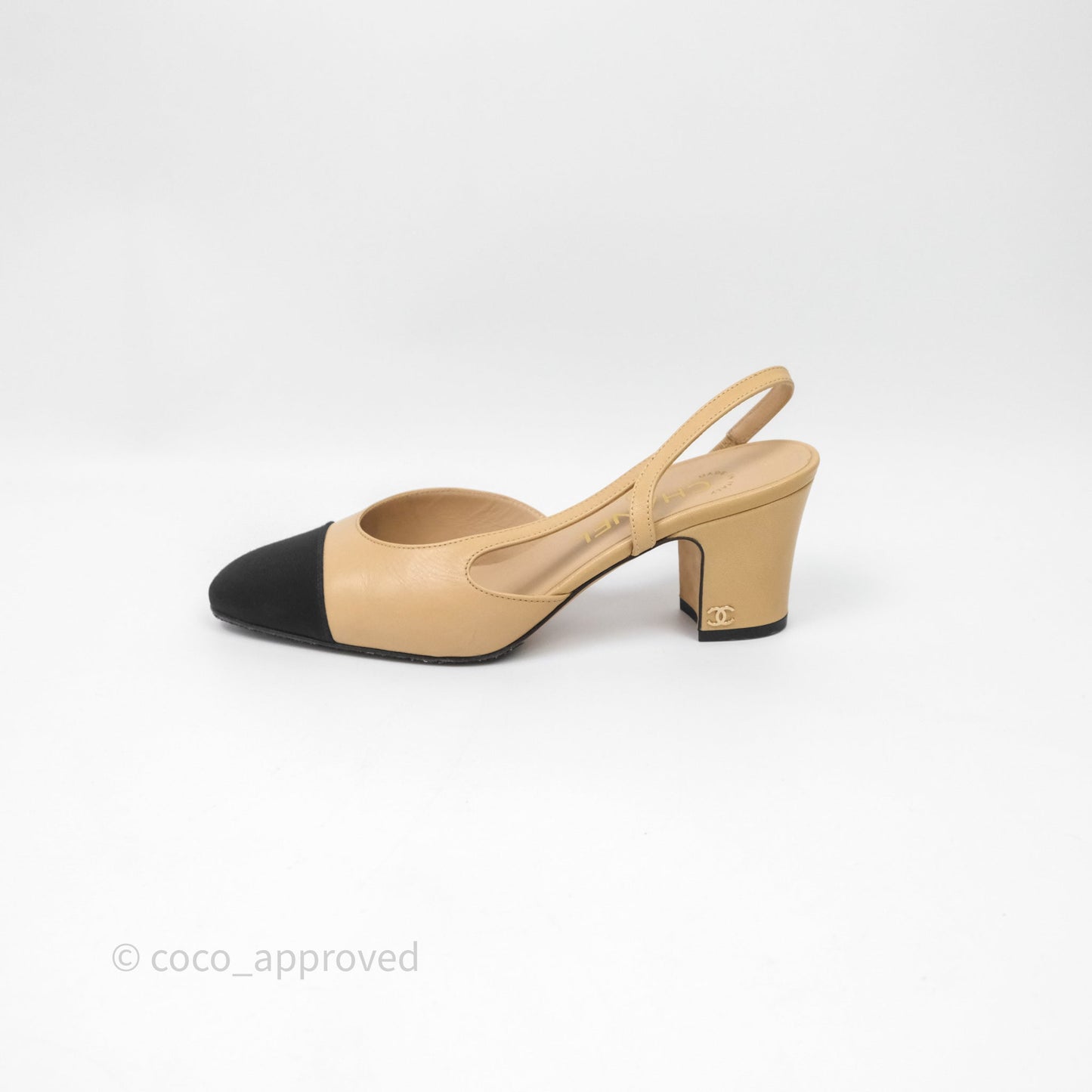 Chanel Classic Slingback Beige Black Leather Size 36