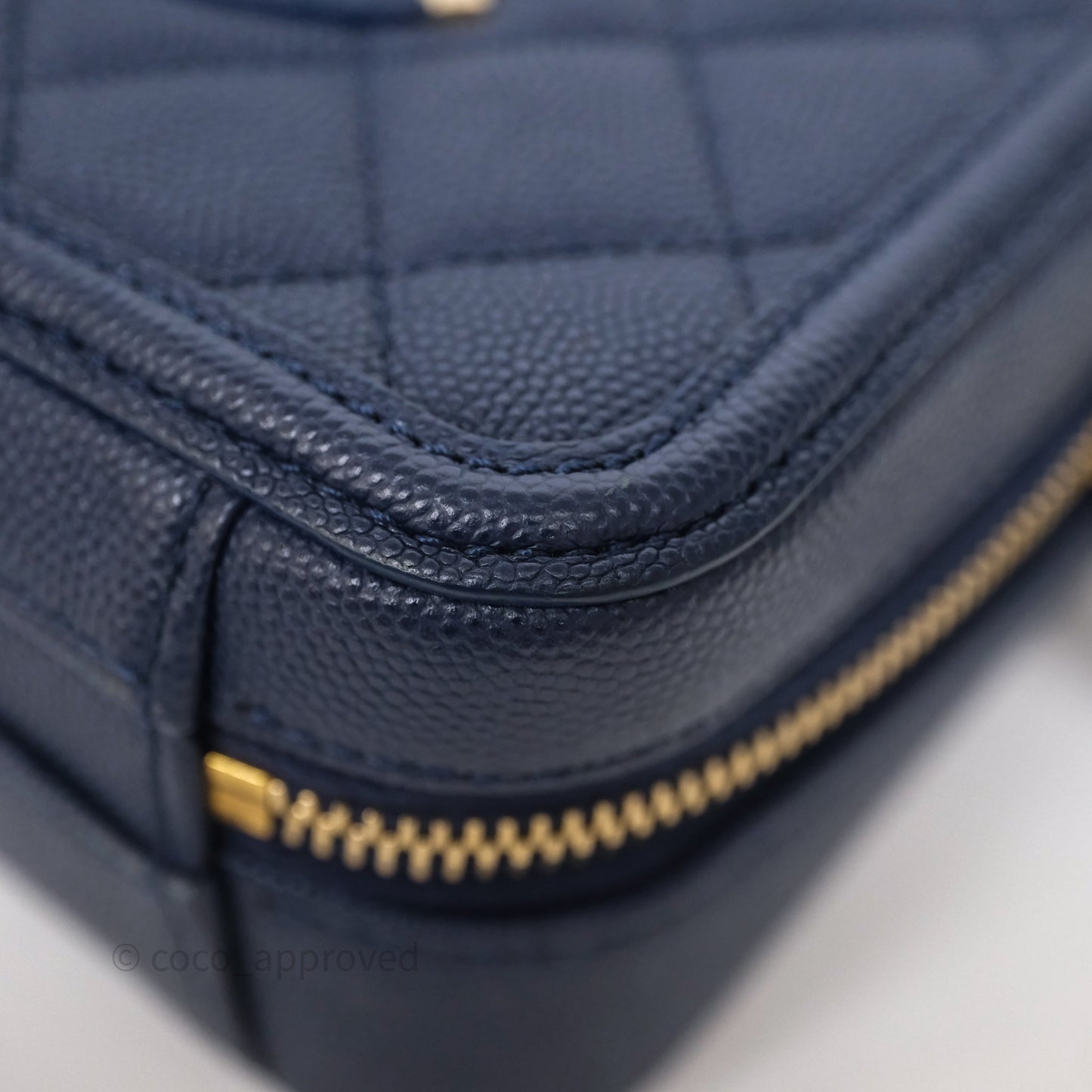 Chanel Quilted Small CC Filigree Vanity Case Navy Caviar Gold Hardware