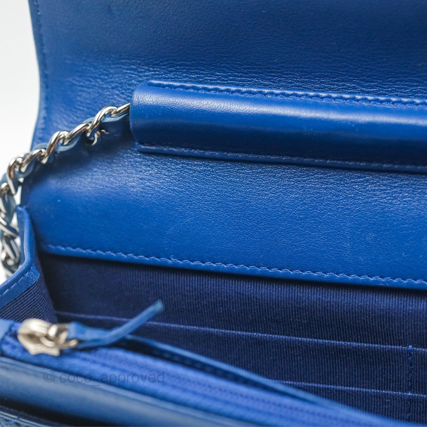 Chanel Quilted Classic Wallet on Chain WOC Blue Patent Silver Hardware