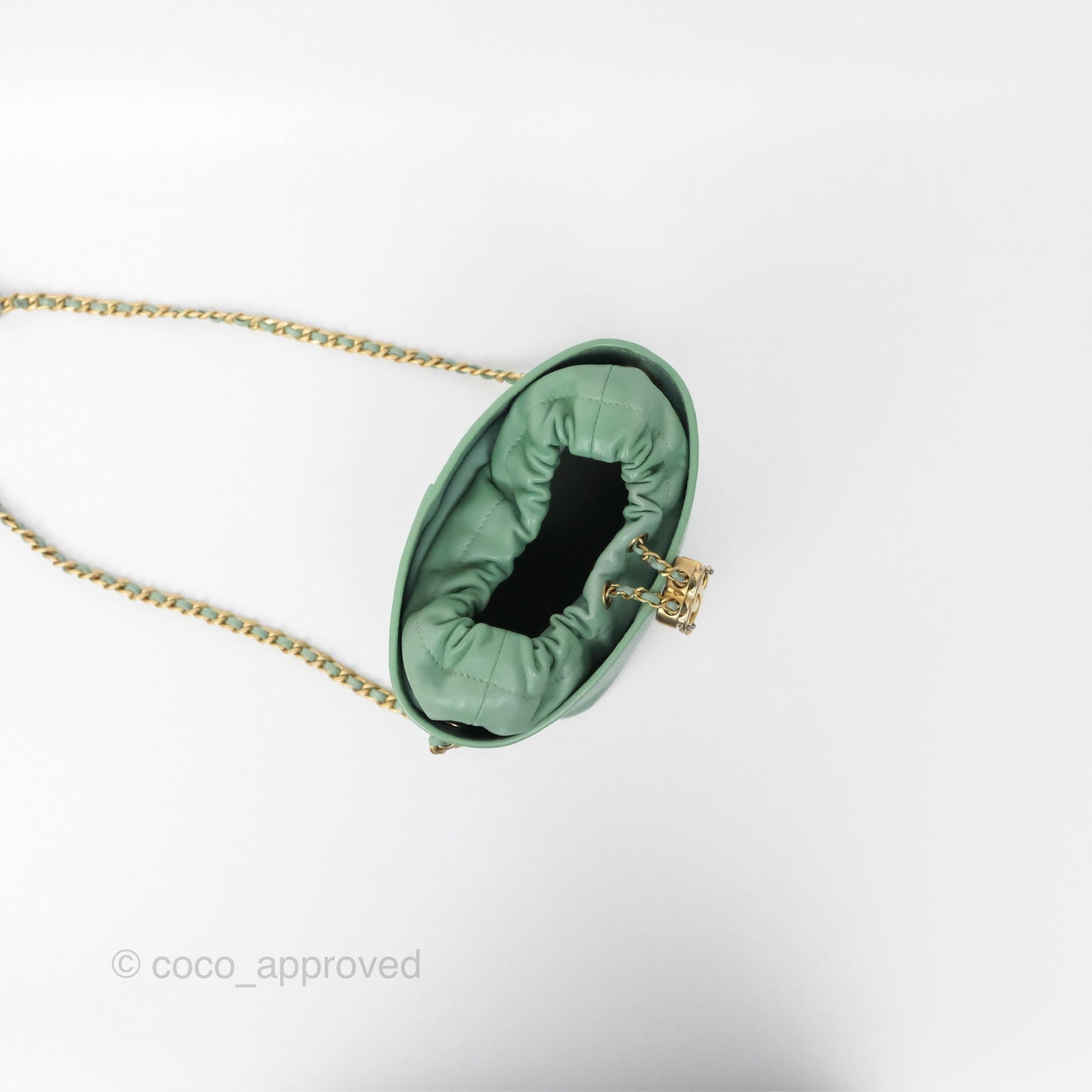 Chanel Drawstring Bucket Bag Quilted Green Caviar Aged Gold Hardware