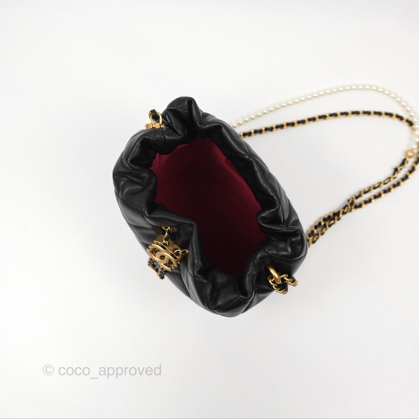 Chanel Quilted My Perfect with Pearl Drawstring Bucket Bag Black Lambskin Aged Gold Hardware