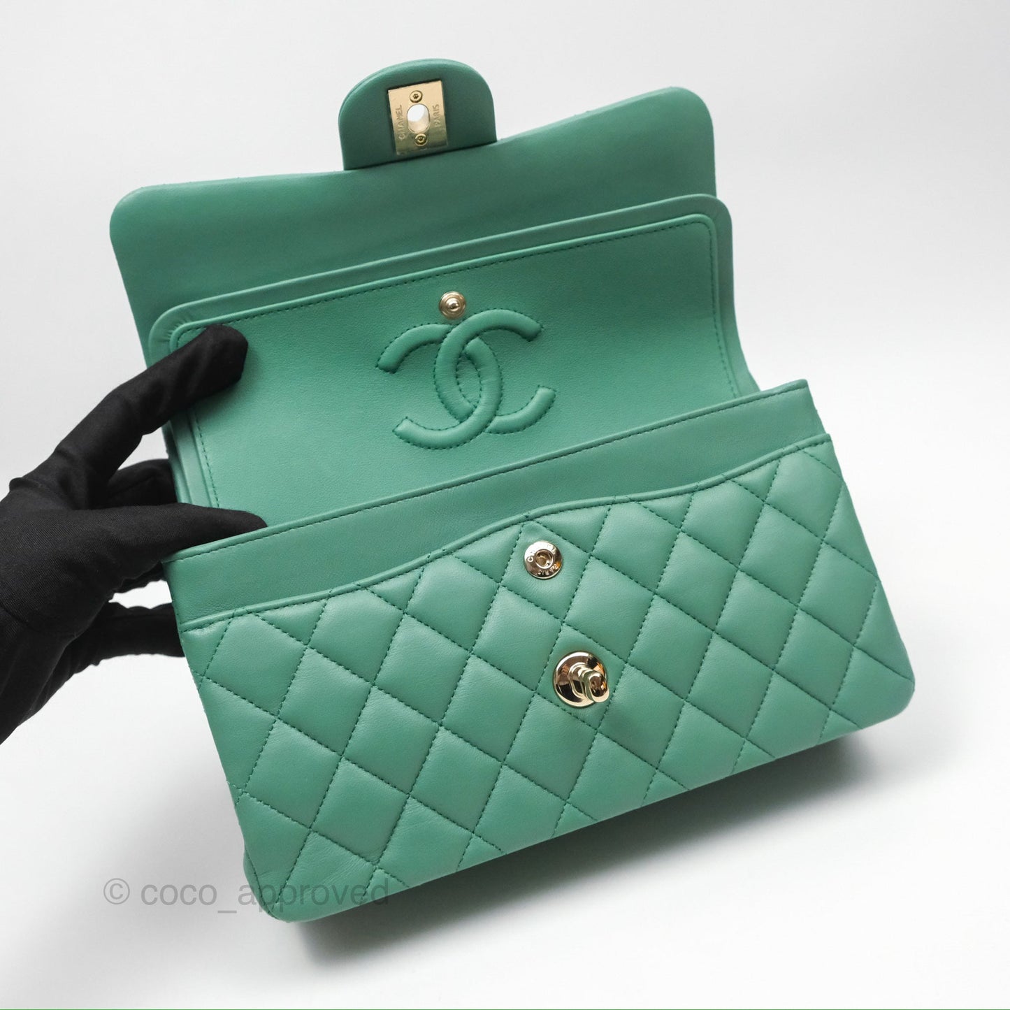 Chanel Small S/M Classic Flap Green Lambskin Gold Hardware